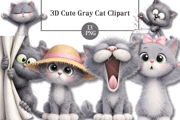 3D Cute Gray Cat Clipart: Adorable Assets for Your Designs
