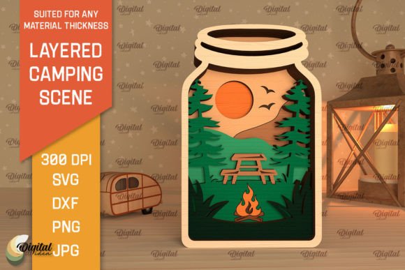 3D Layered Camping Scene Laser Cut
