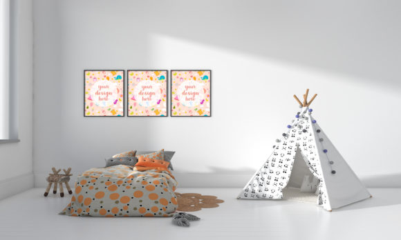 3D Modern Kids Bedroom with Teepee Tent Mockup