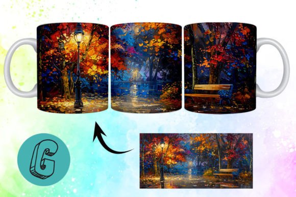 3D Oil Paint Fall Street Mug Wrap: Creative Digital Design