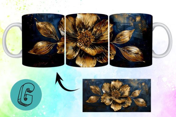 3D Oil Paint Gold Flower Mug Wrap 14: Elegant Digital Art