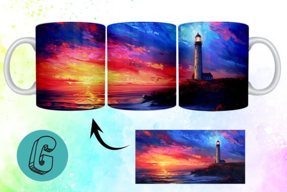 3D Oil Paint Lighthouse Mug Wrap: A Digital Art Asset