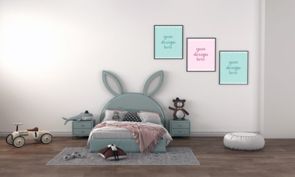 3D Rendering Minimalist Kids Bedroom Mockup